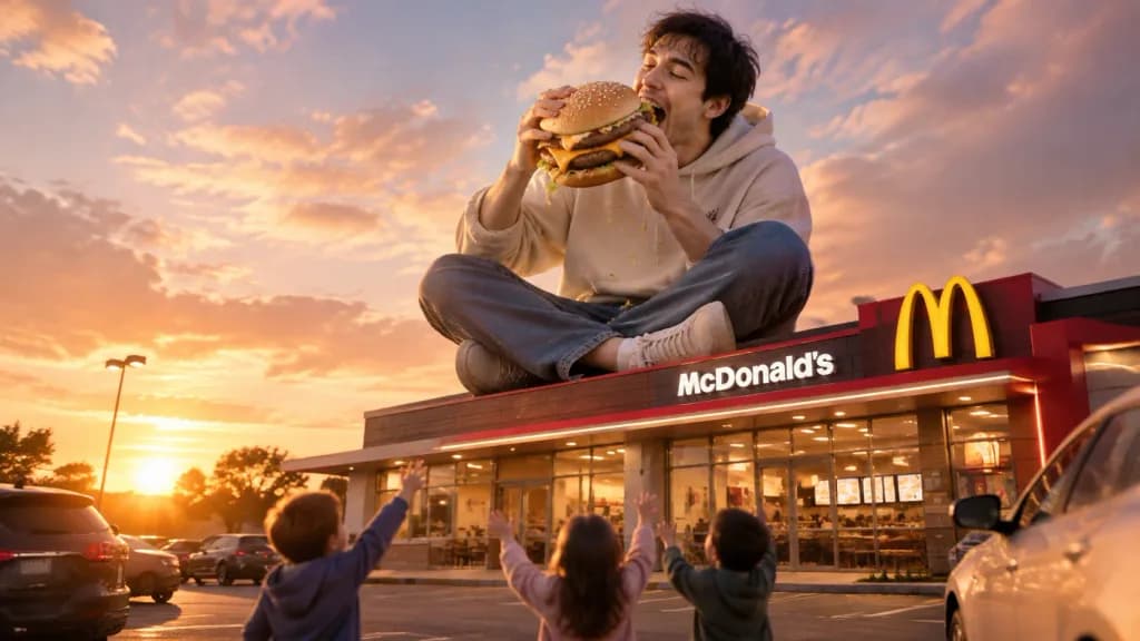 Giant Man Eating Burger on Rooftop