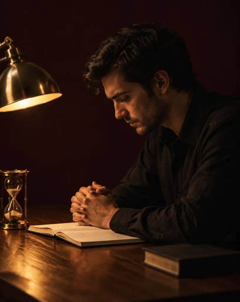 Low-Key Contemplative Desk Portrait