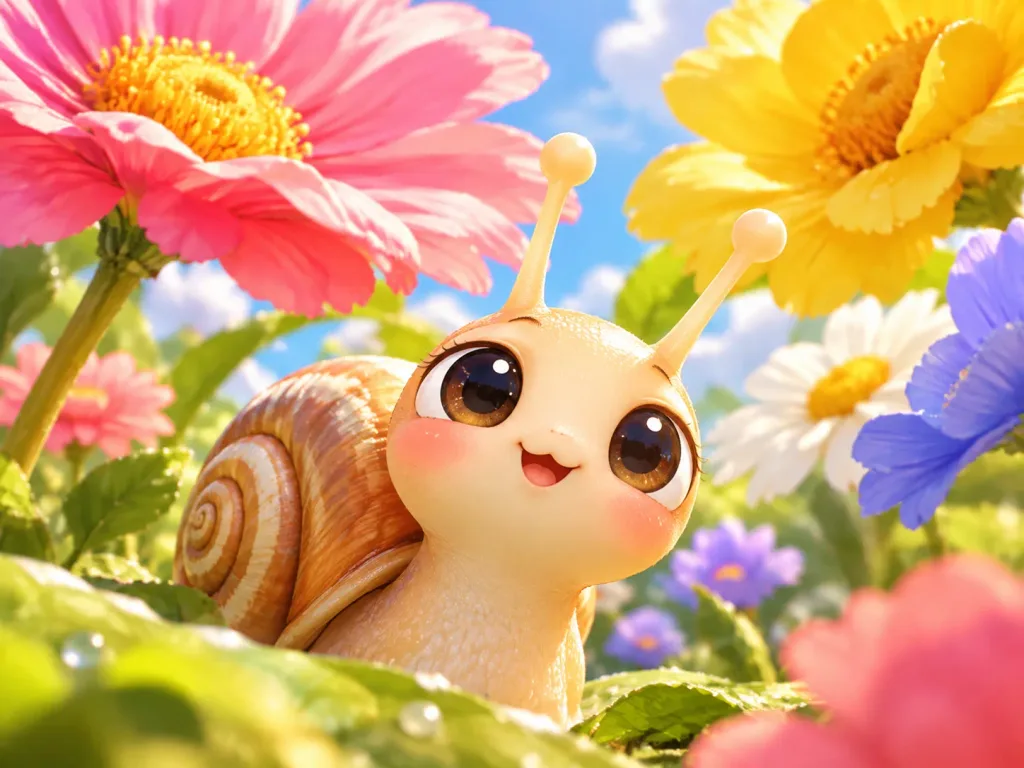 巨大な花の中のちびカタツムリ