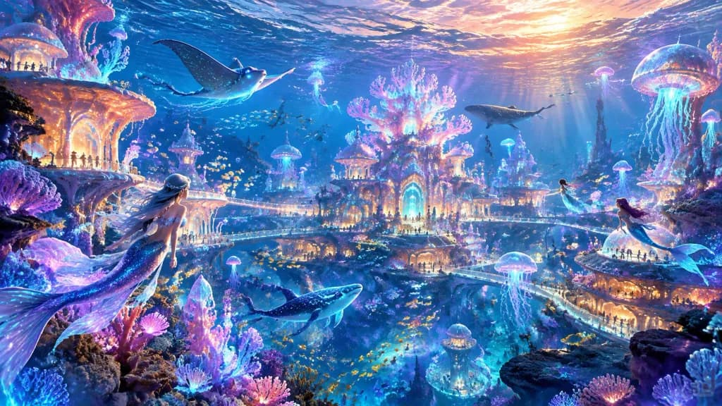 Whimsical Bioluminescent Underwater City