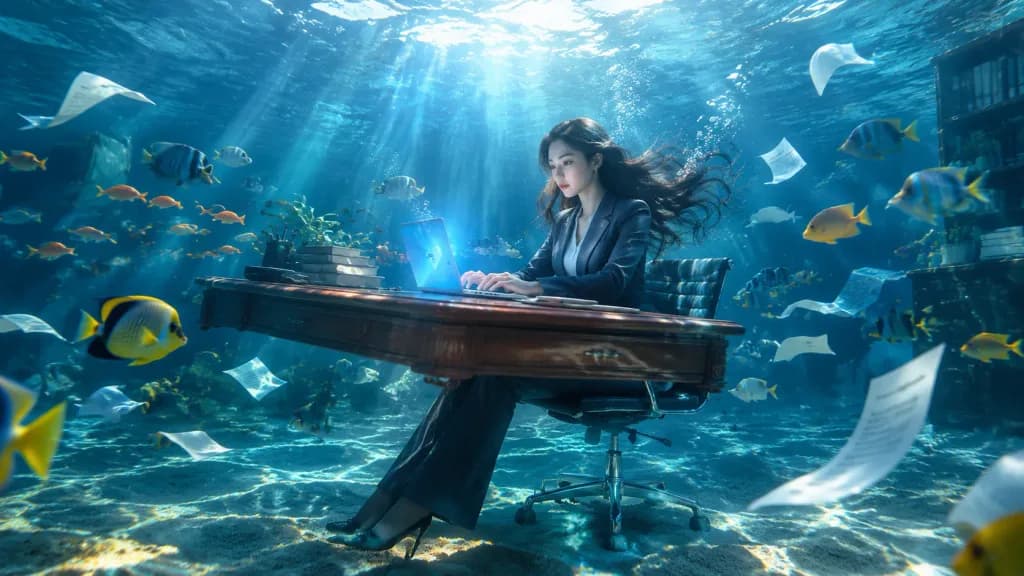 深海に沈むオフィスのビジネスパーソン