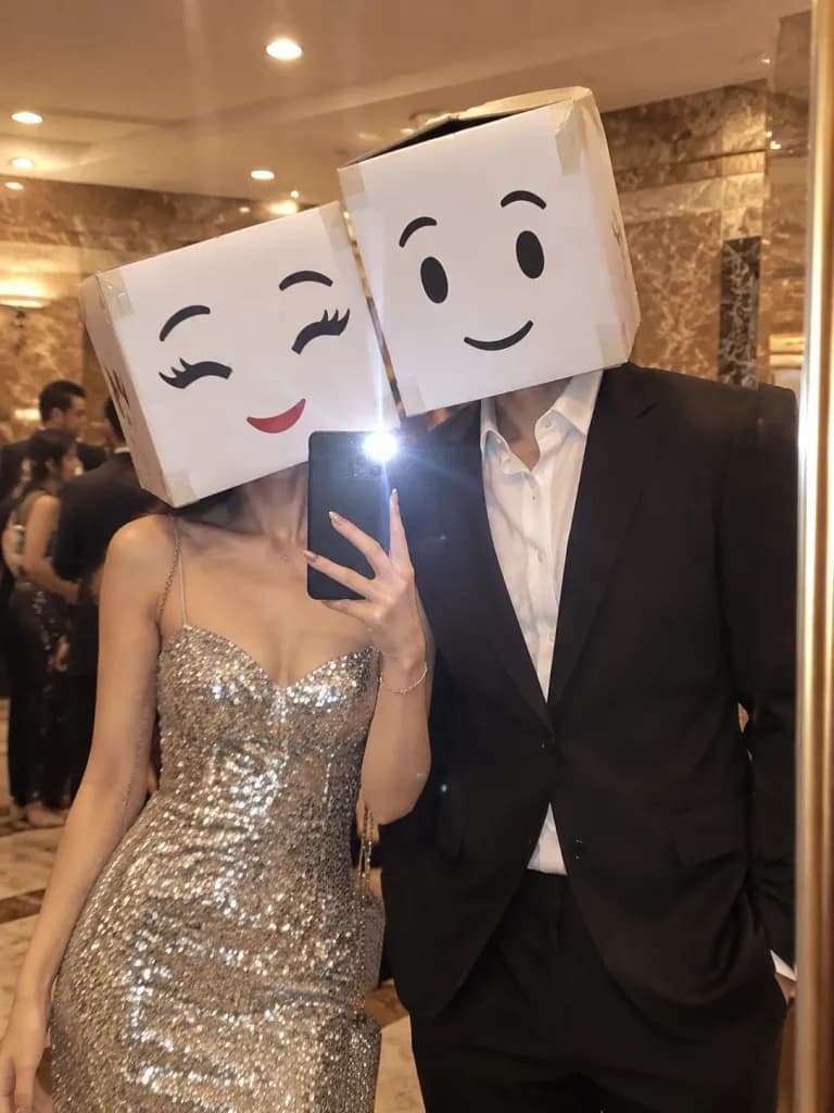 상자 머리 커플의 정장 거울 셀카