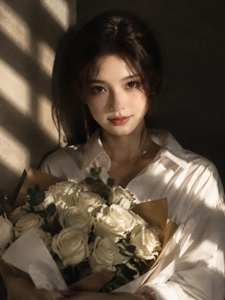 窗邊持白玫瑰的女性肖像