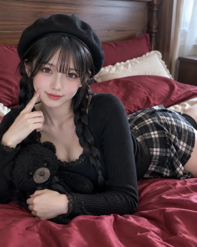 Jeune femme sur un lit avec un ours en peluche