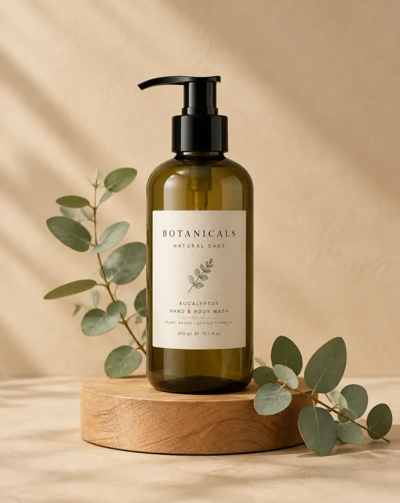 Minimalist Eco-Luxury Bottle on Wooden Pedestal