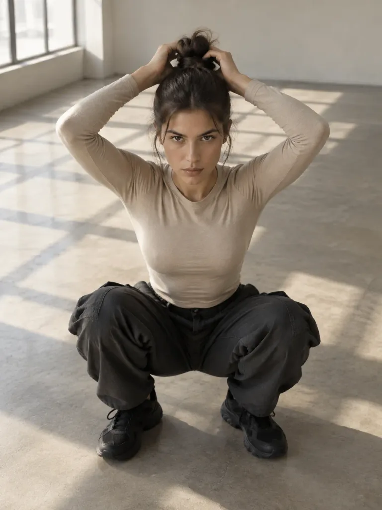 Editorial Squatting Woman Hair Tie Portrait