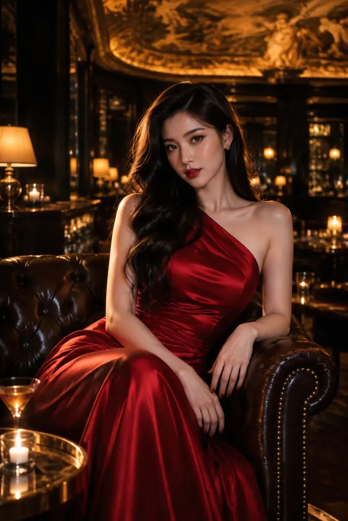 奢華酒廊中的緞面禮服女士