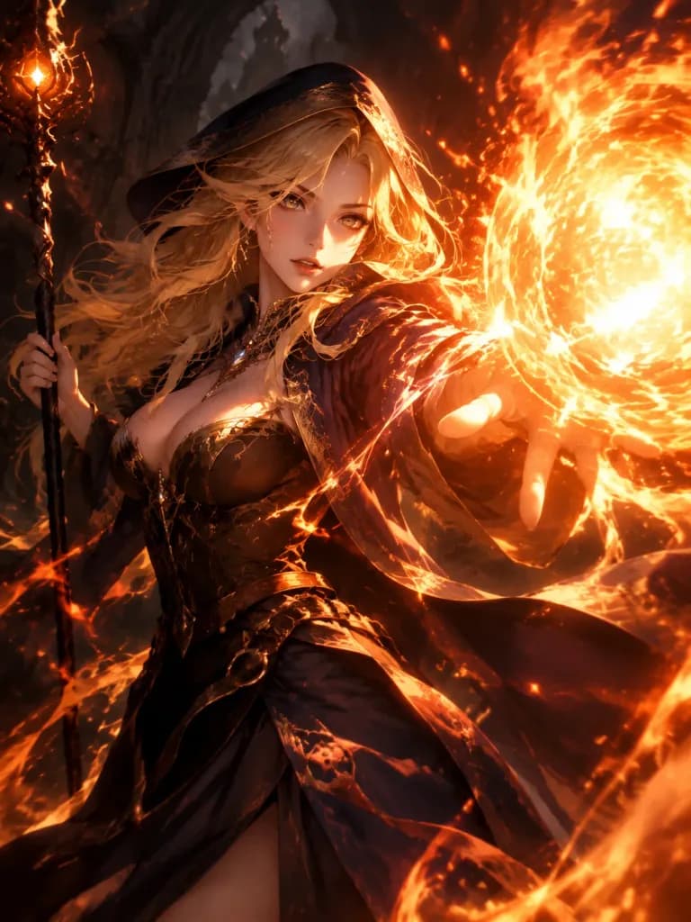 火球術を詠唱する女性ファンタジー魔術師