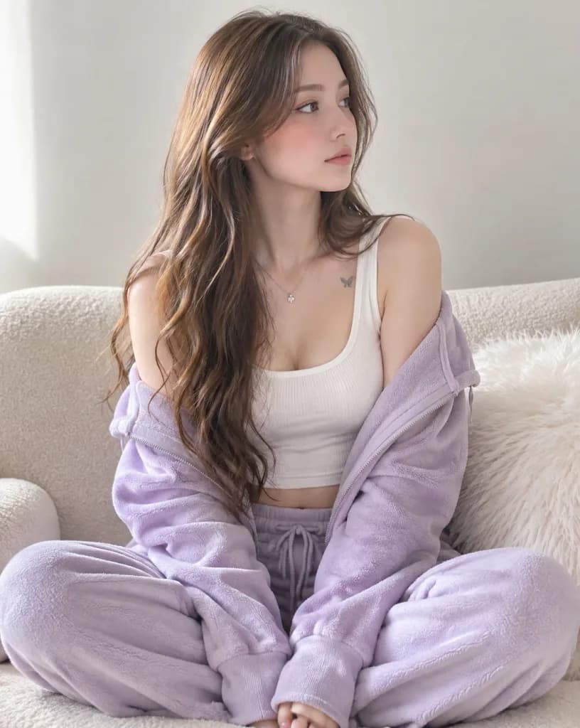 부클레 소파 위의 포근한 라운지웨어 인물 사진