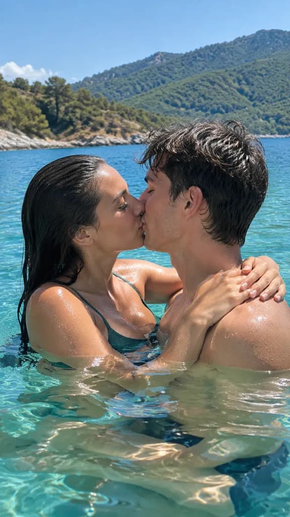 青い海での自然なカップルのキス