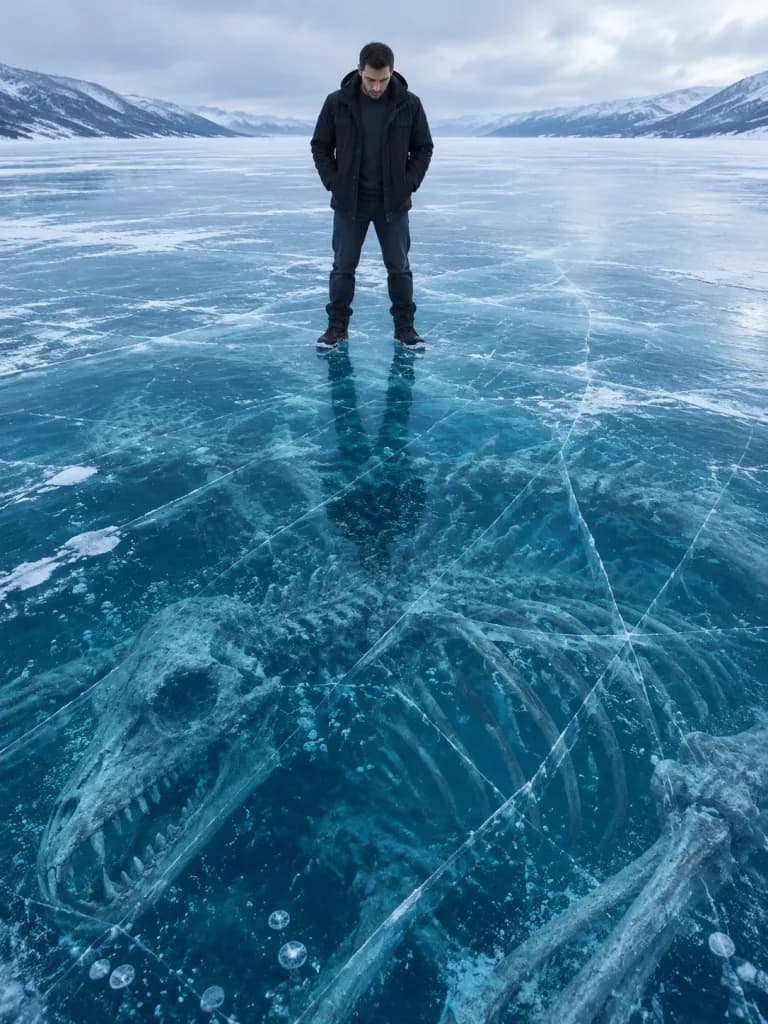 Man Standing Over Submerged Frozen Skeleton