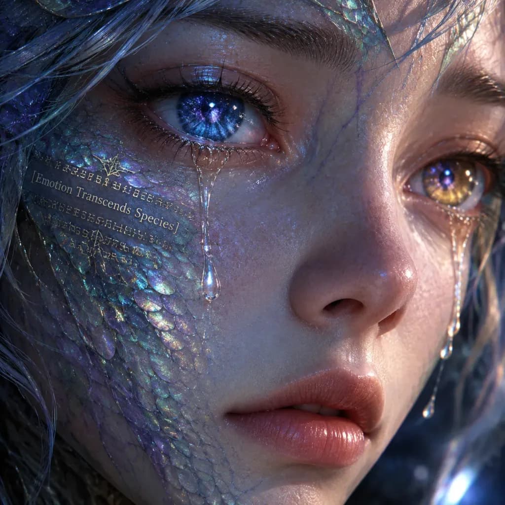 Sorrowful Human-Alien Hybrid Close-Up Portrait