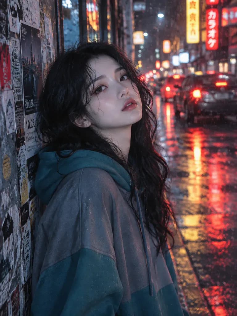 비 내리는 밤 네온 도시 인물 사진