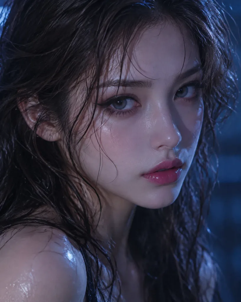 젖은 머리와 쿨톤 조명의 클로즈업 초상