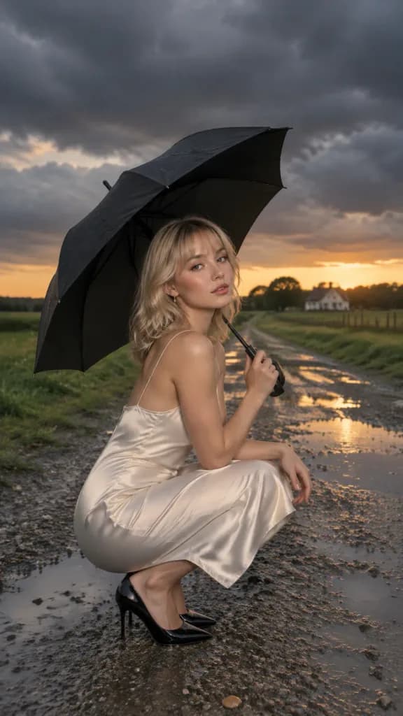 Sabrina Carpenter Crouching on Wet Country Road