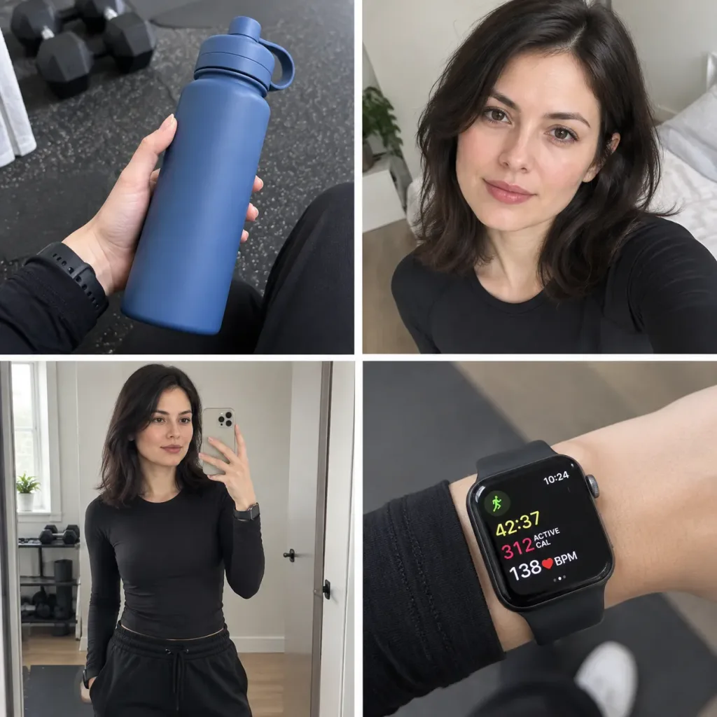 Morgendliche Fitness-Lifestyle-Vierer-Collage