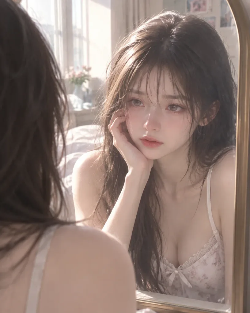 Emotional Woman Reflection in Mirror