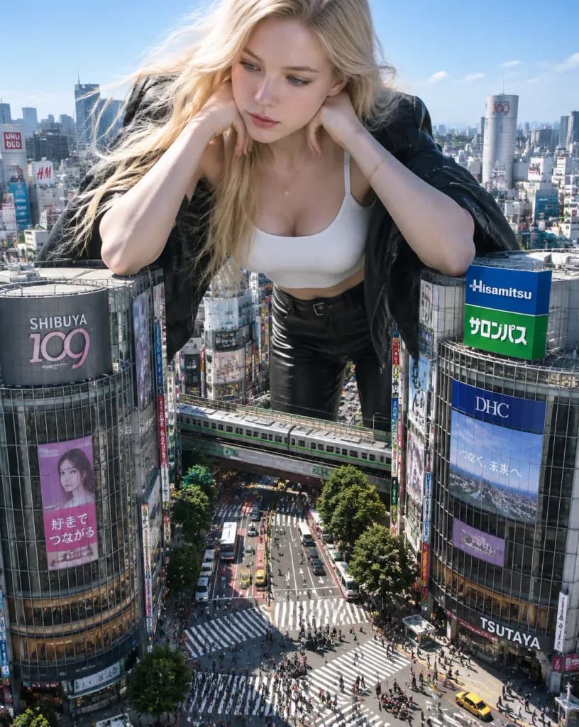 Giant Woman Over Shibuya Crossing
