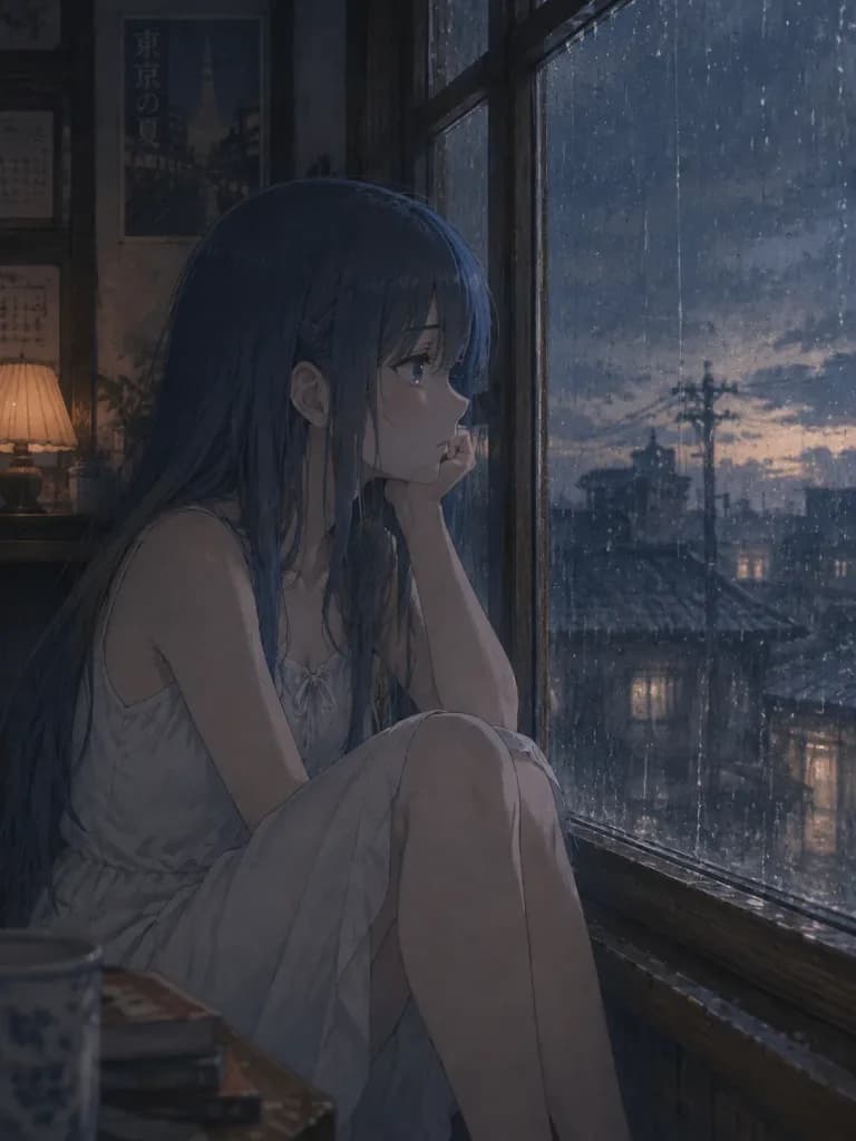 Melancholic Blue-Haired Girl by Rainy Window