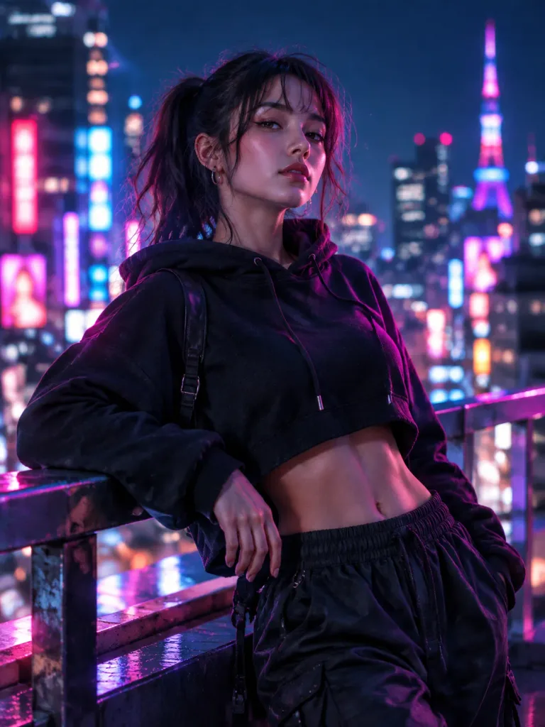 Retrato Cyberpunk en Azotea de Tokio con Neón