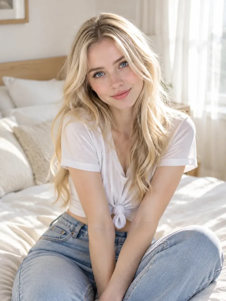 Blonde Woman on Sunlit Bed