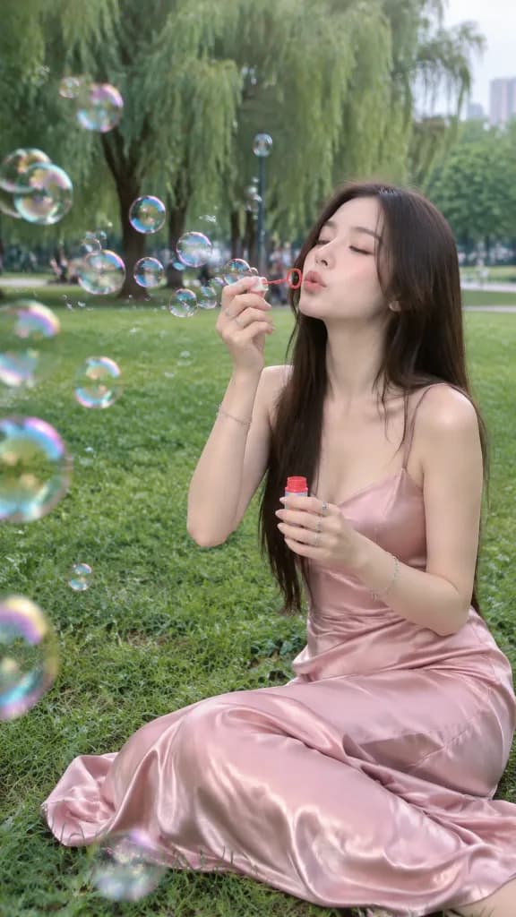 Woman Blowing Bubbles in Satin Dress