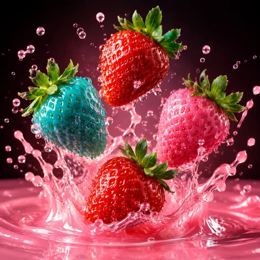 Colorful Strawberries Splashing in Liquid
