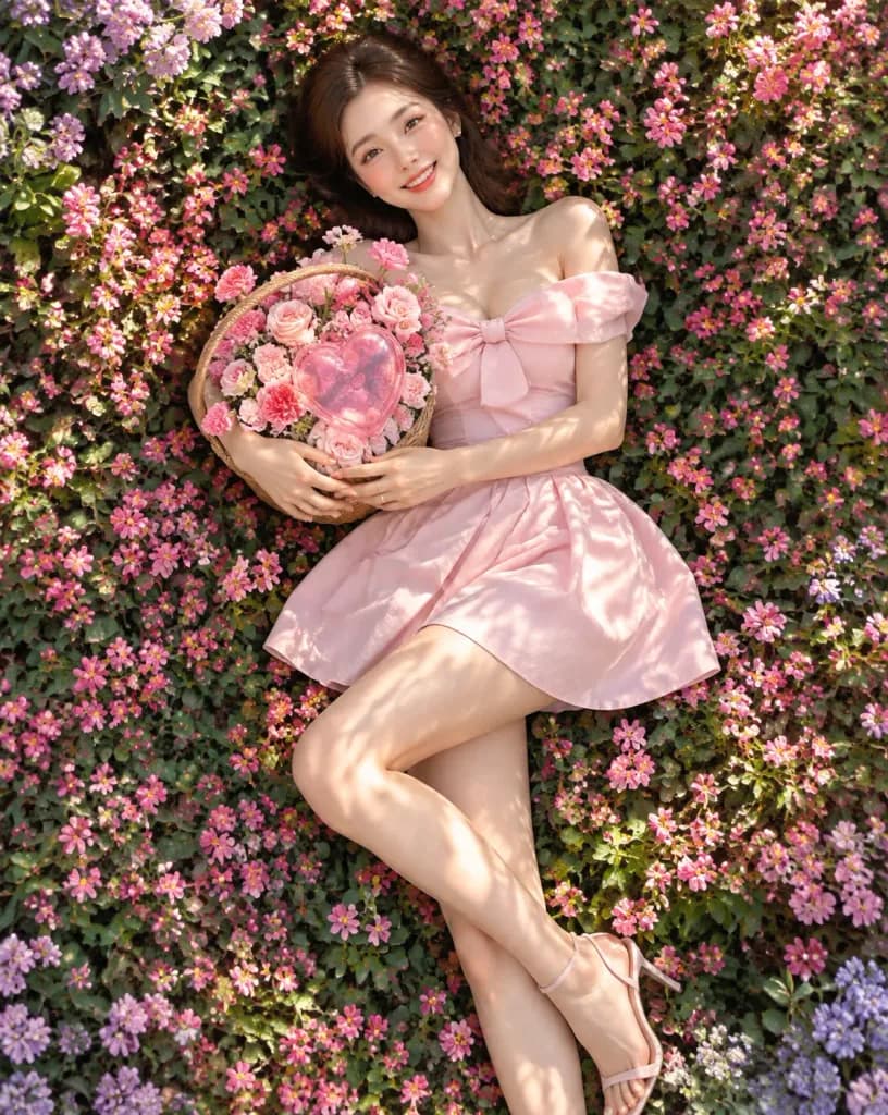 花畑の俯瞰ファッションエディトリアル