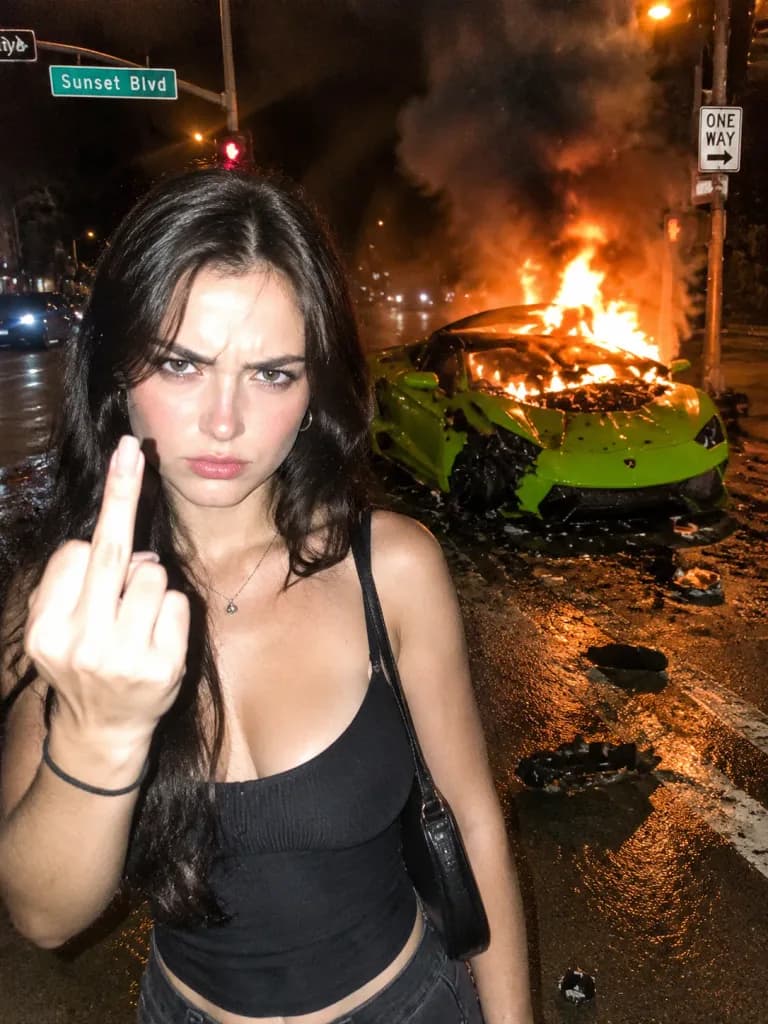 Night Flash Photo with Burning Supercar
