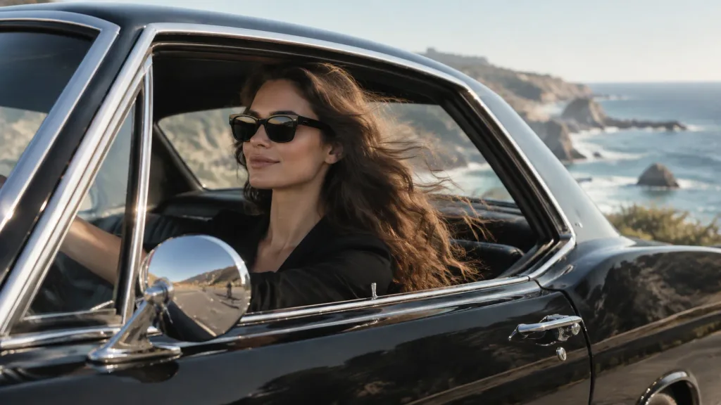 Woman Driving Vintage Coupe Along Coast