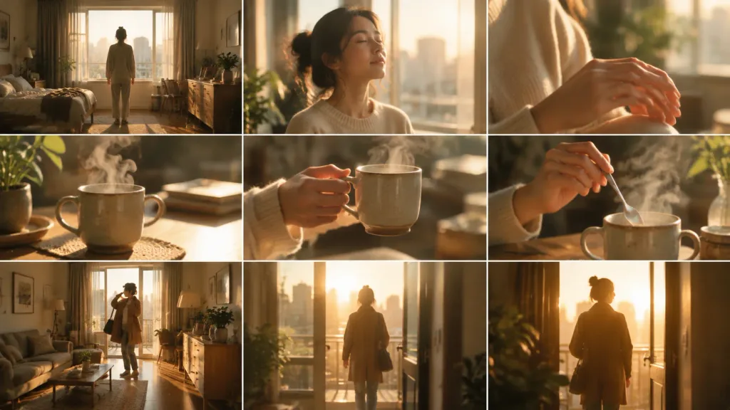 映画風モーニングルーティン映像シーケンス