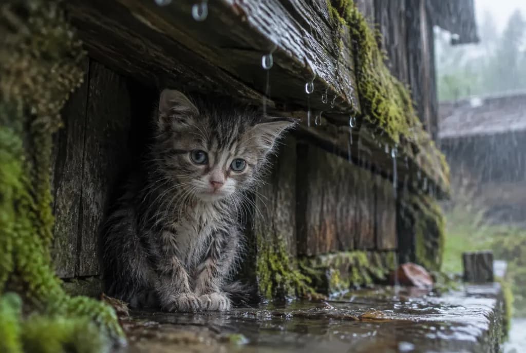 Wet Kitten Sheltering From Rain