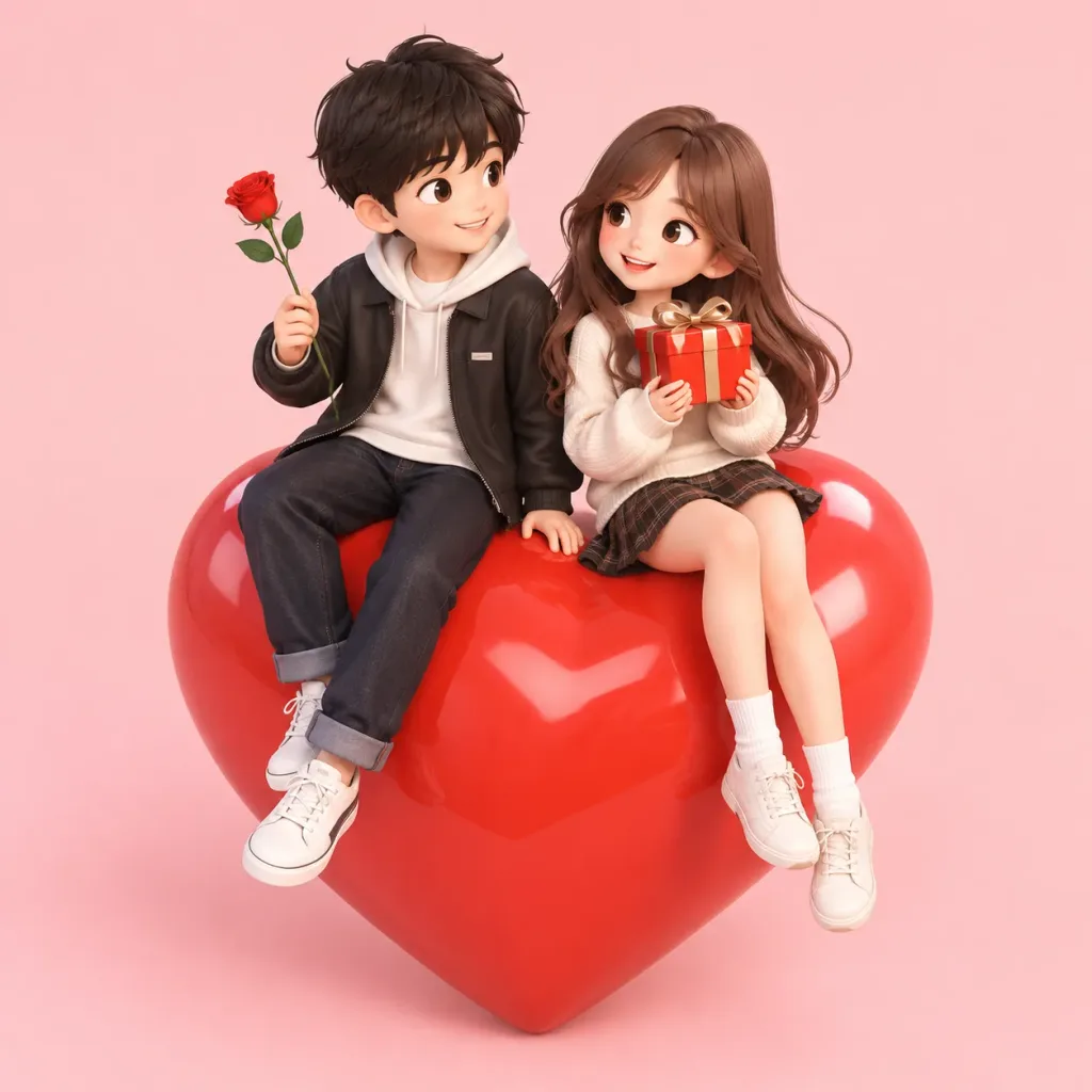 거대한 광택 하트 위의 귀여운 커플