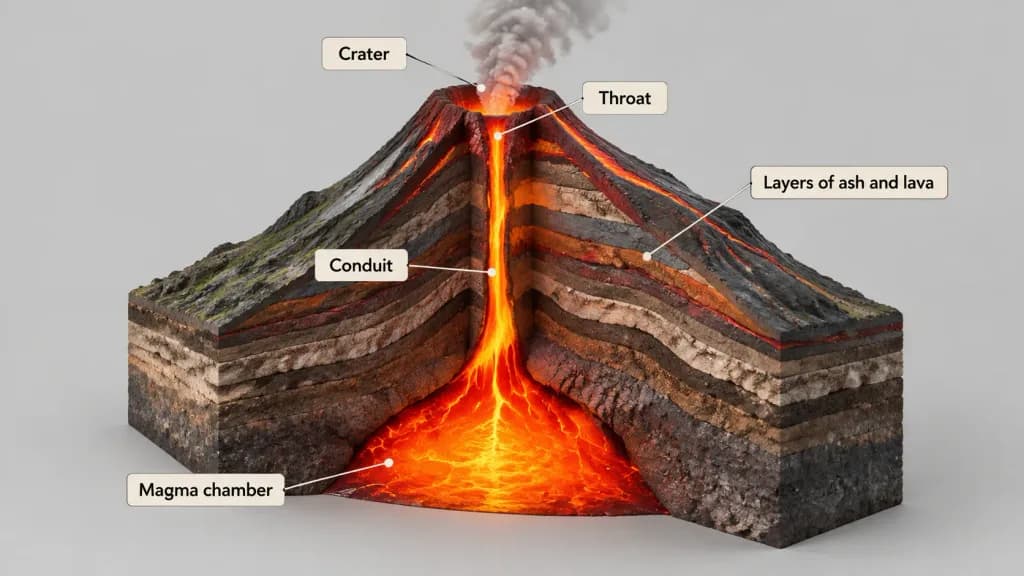 3D Cutaway Diagram of Volcano Structure