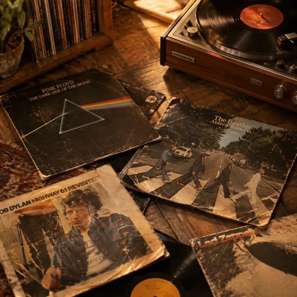 Vintage Vinyl Records on Wooden Floor