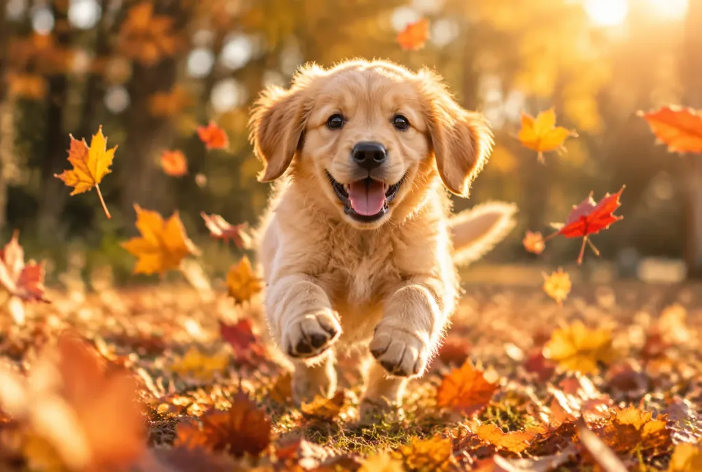 Golden Retriever Puppy Playing in Autumn Leaves