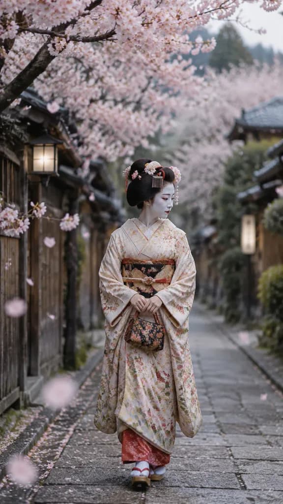 Geisha Walking Under Gion Cherry Blossoms