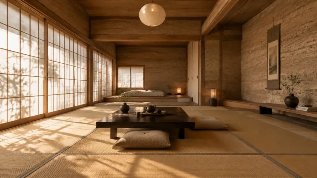 Minimalist Japanese Wabi-Sabi Interior Panorama