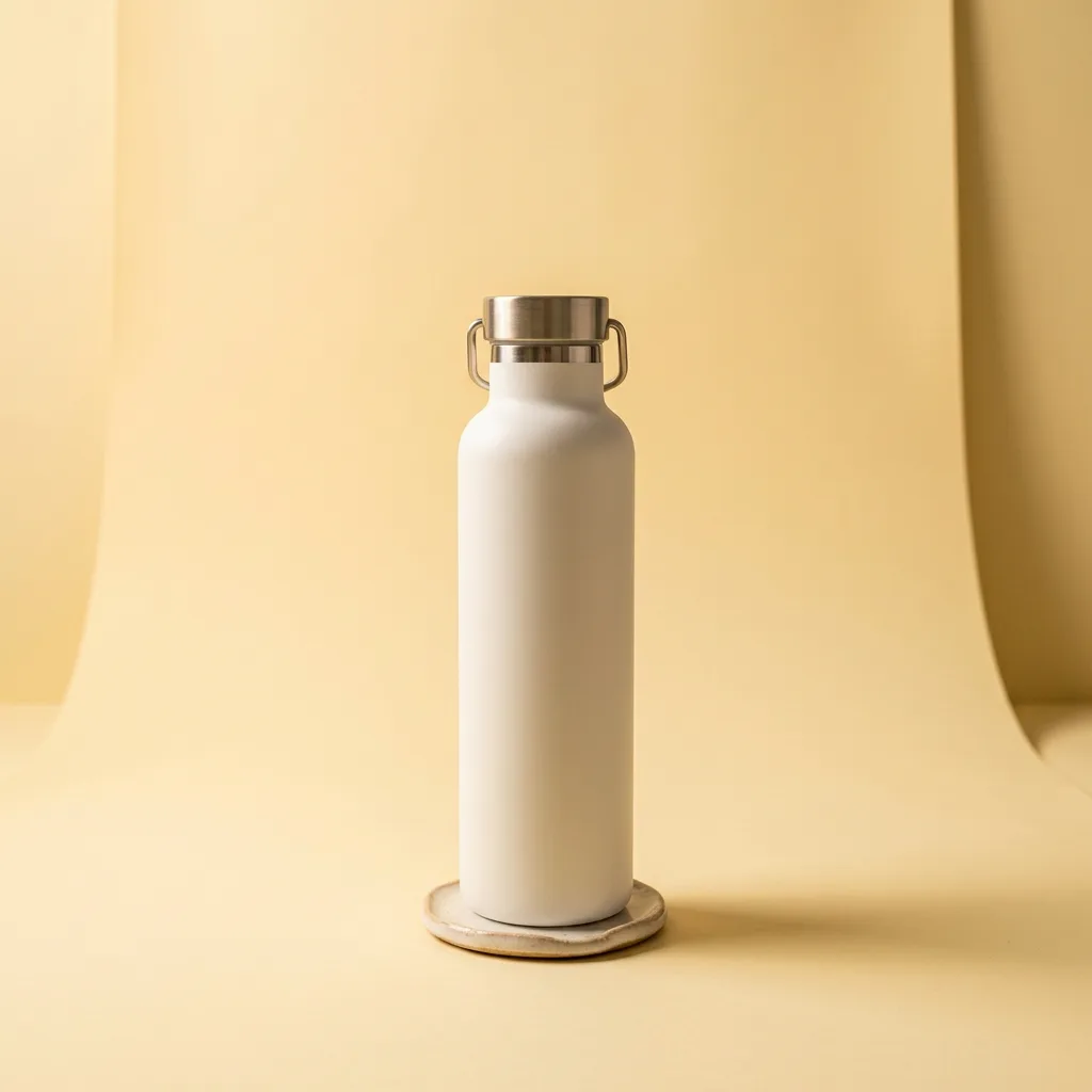 The same bottle after a reference-image edit with Nano Banana 2: pale yellow seamless backdrop, soft shadow, fruit removed