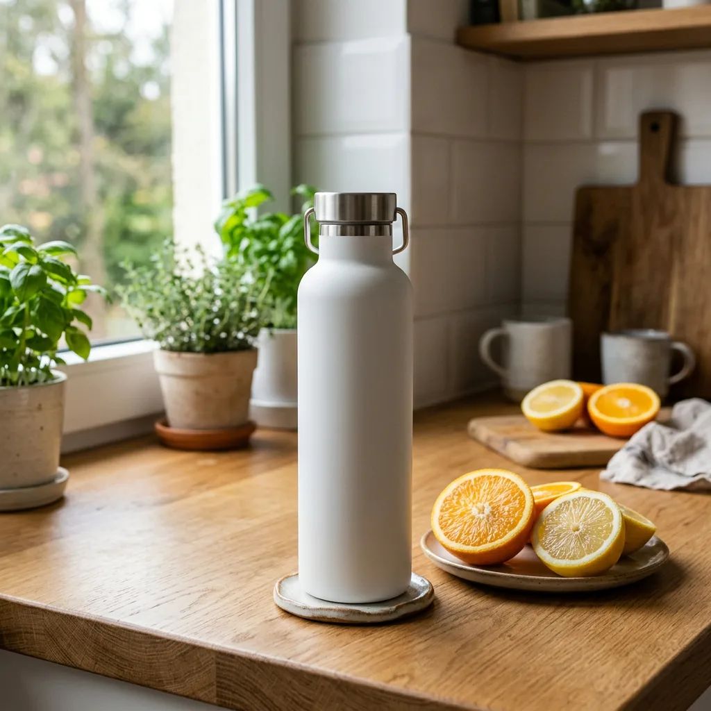 Reusable white water bottle on a kitchen counter with citrus, generated with Nano Banana 2