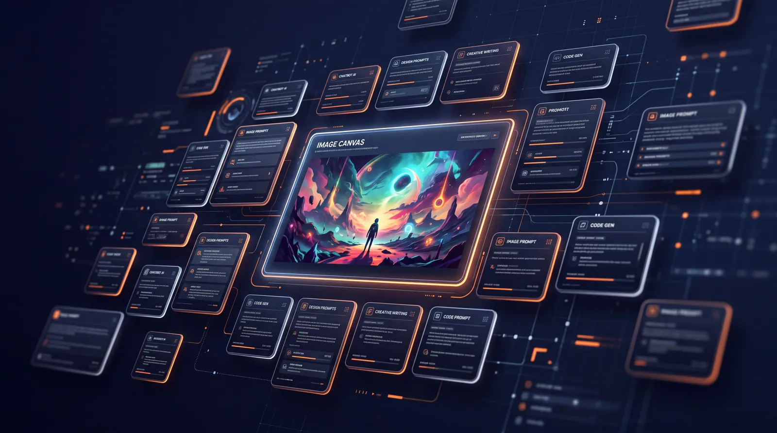 Landing page hero visual generated with Nano Banana 2: prompt cards floating around a central image canvas on a dark navy background