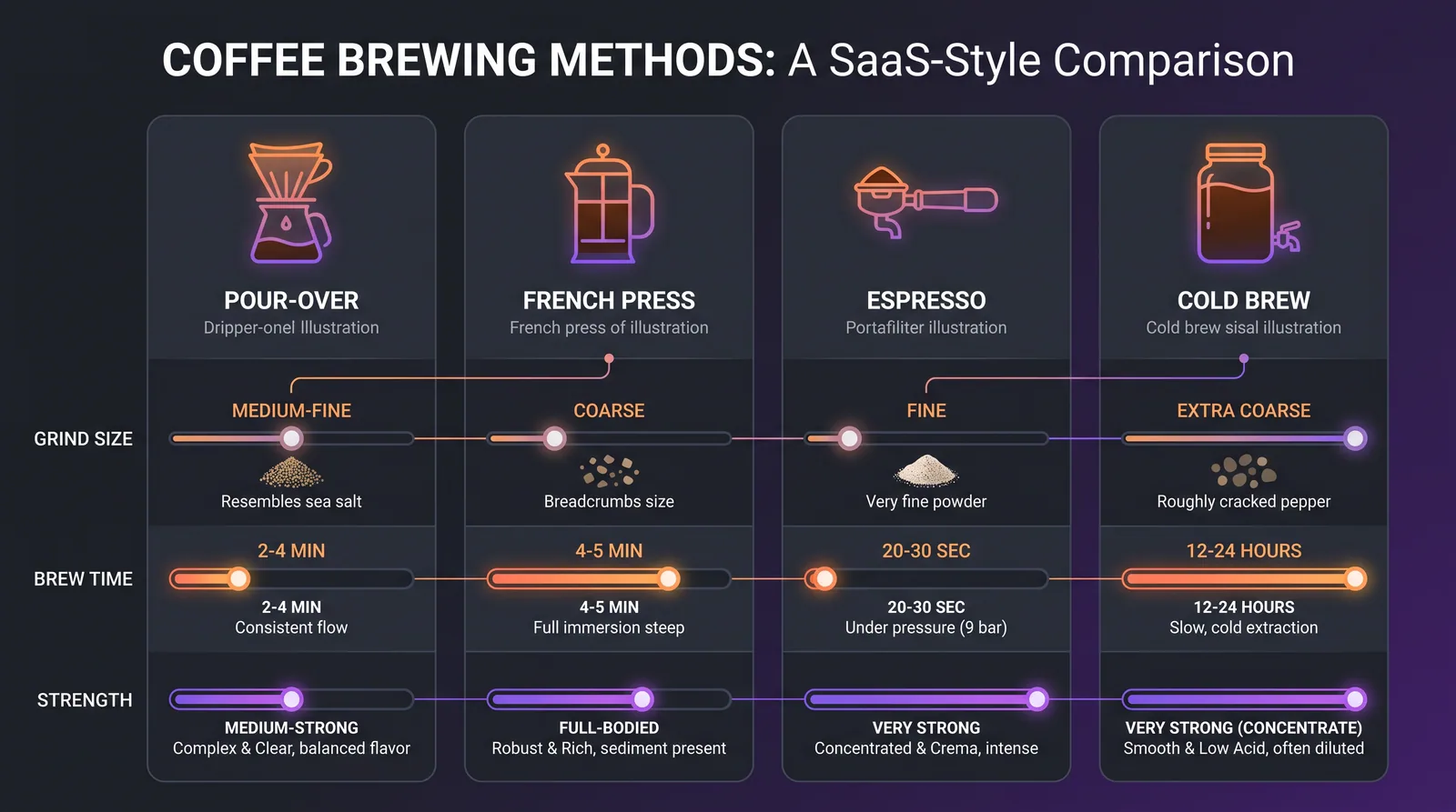 Infographic comparing four coffee brewing methods generated with Nano Banana Pro, dark background with orange and violet accents