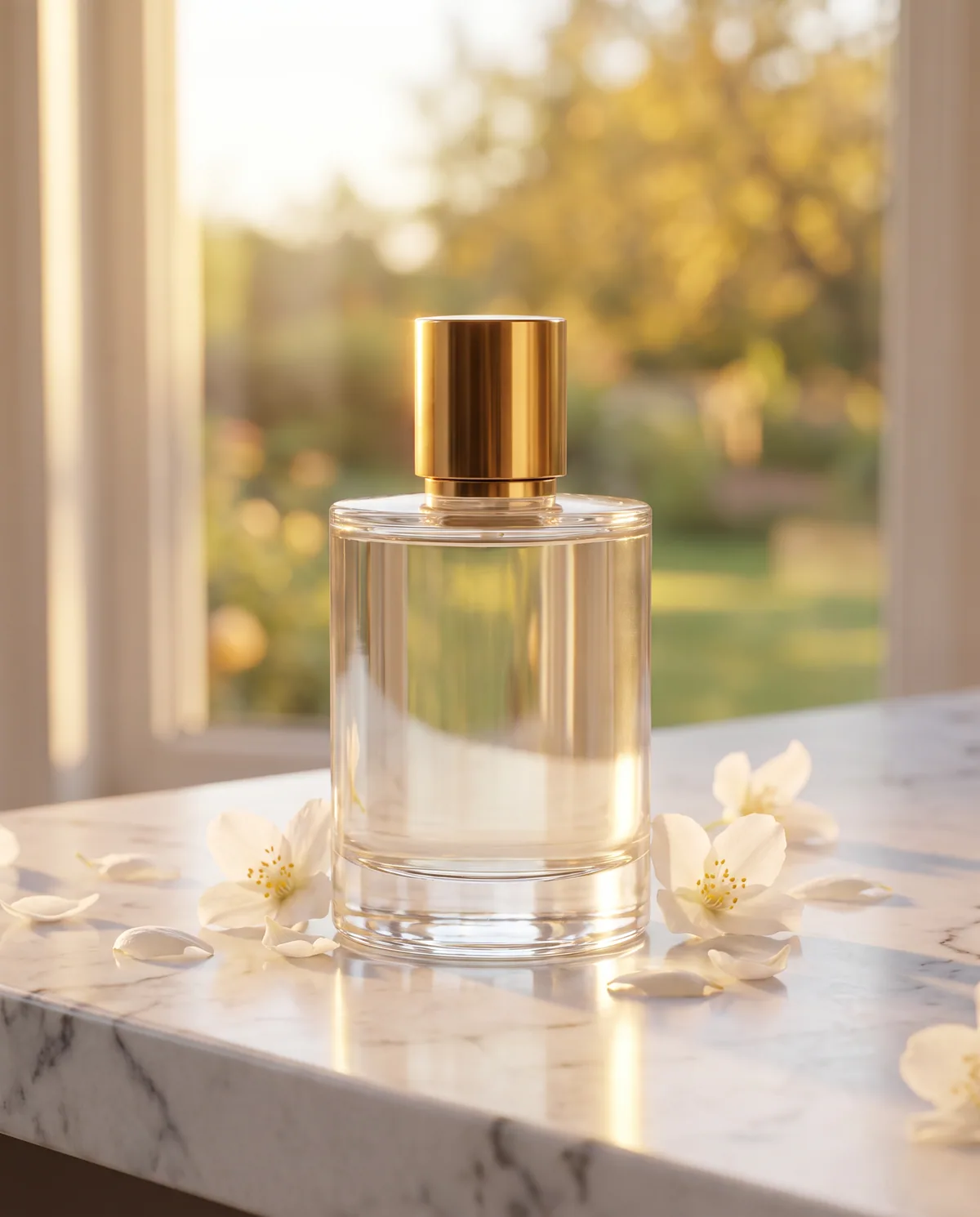 The same perfume bottle re-staged on a marble vanity at golden hour by a reference-image edit with Nano Banana Pro