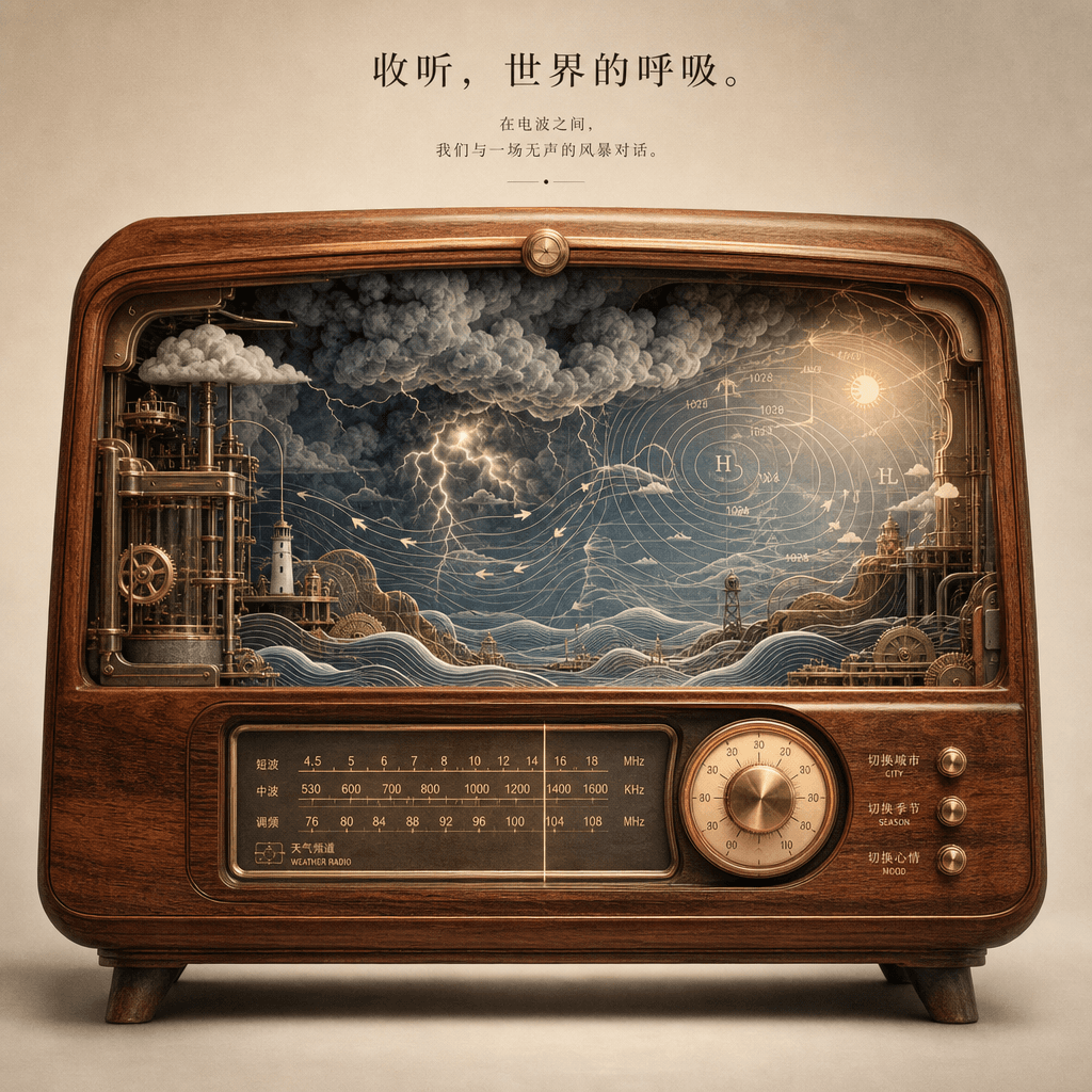 "The weather forecast universe in an old-fashioned radio"