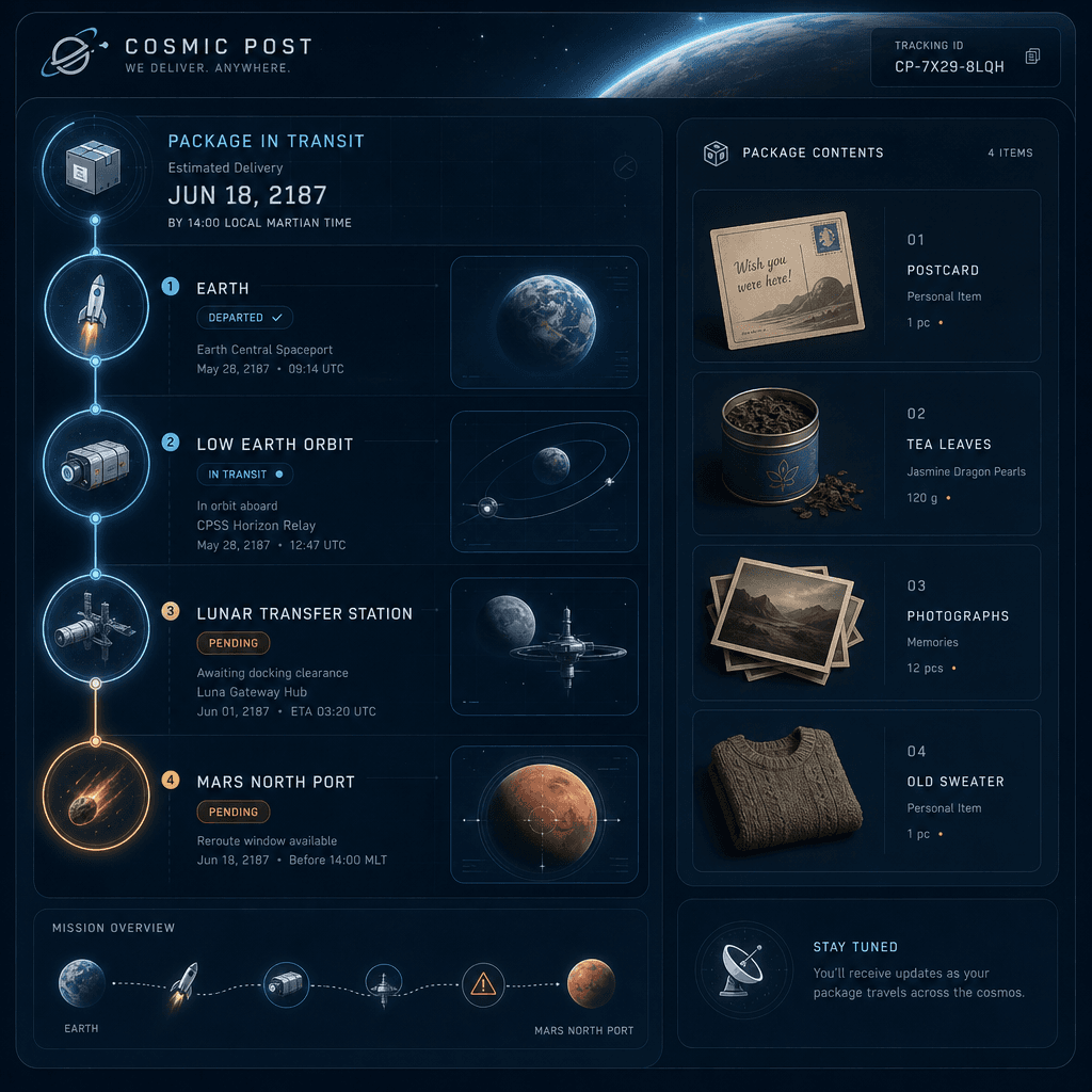 "Cosmic Post Office Parcel Tracking Page"