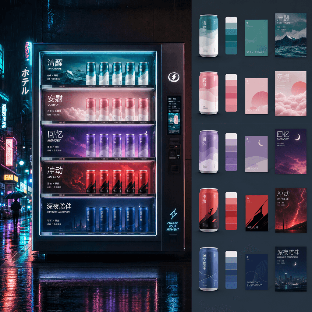 "The vending machine brand universe on a rainy night in Tokyo"