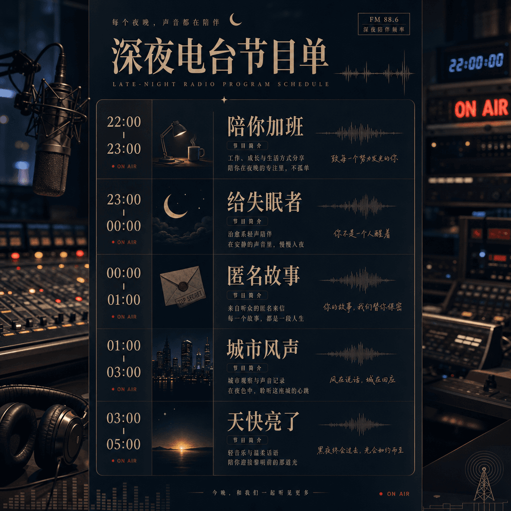 "Late Night Radio Program Schedule"