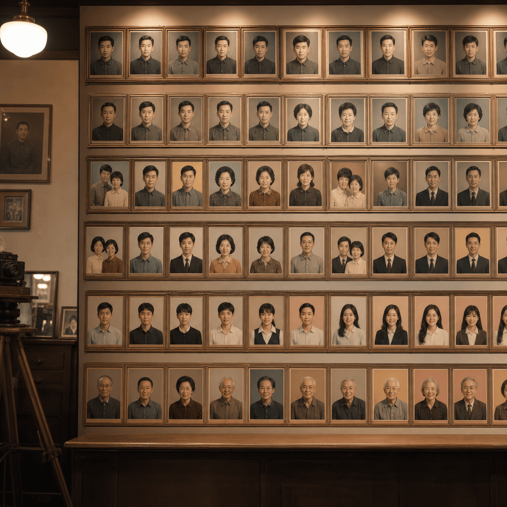 “Old-school photo studio ID photo sample wall”