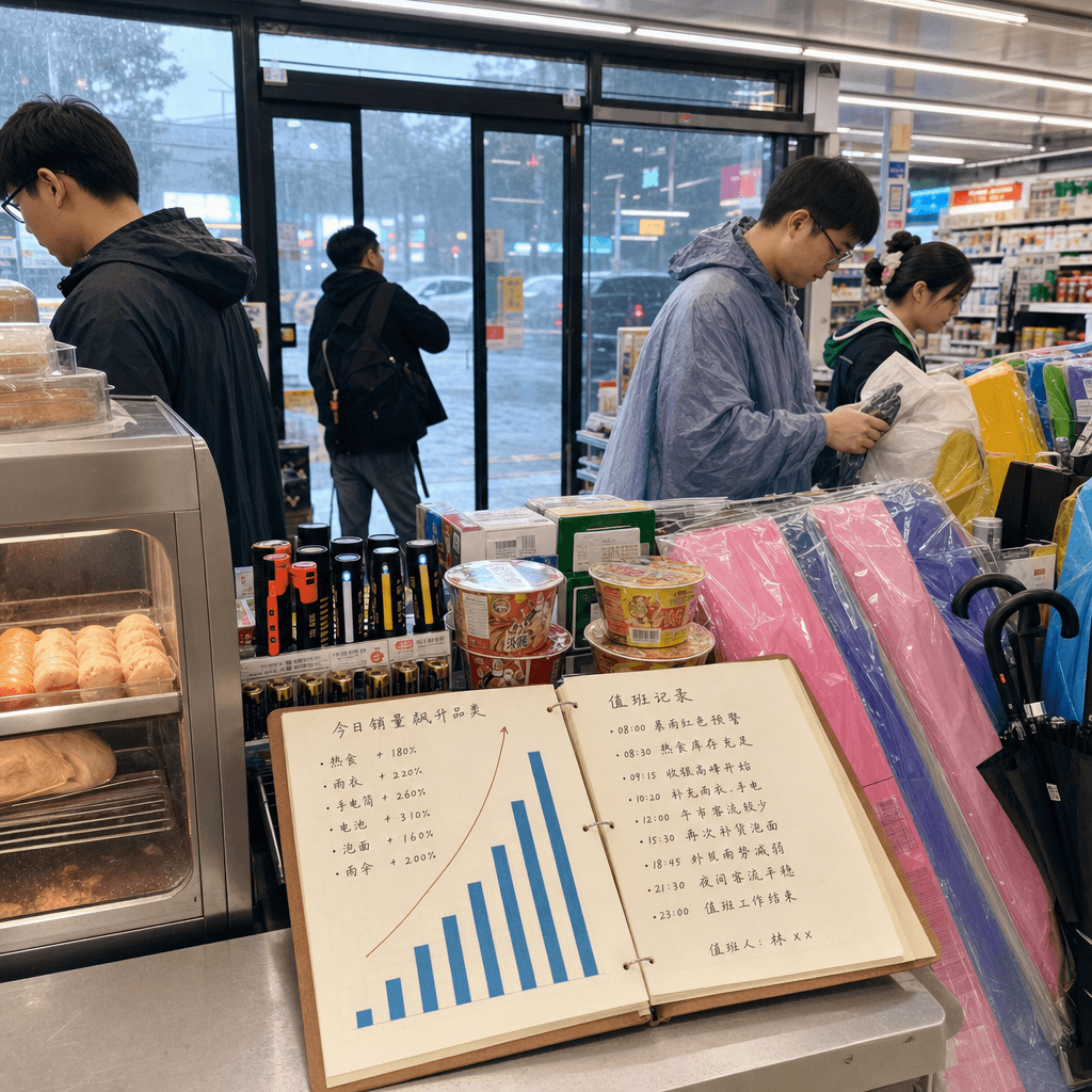 "Convenience store duty log during typhoon days"