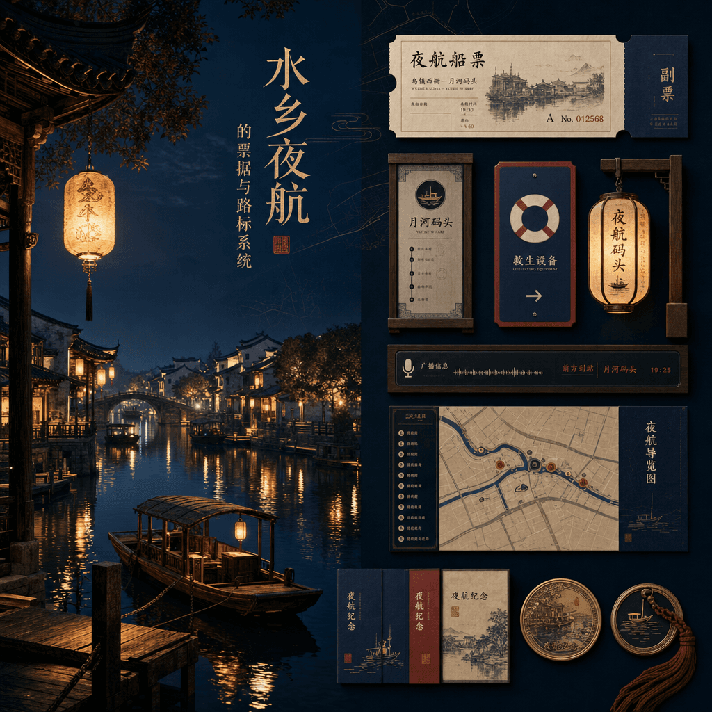 "Ticket and road sign system for night sailing in the water town"